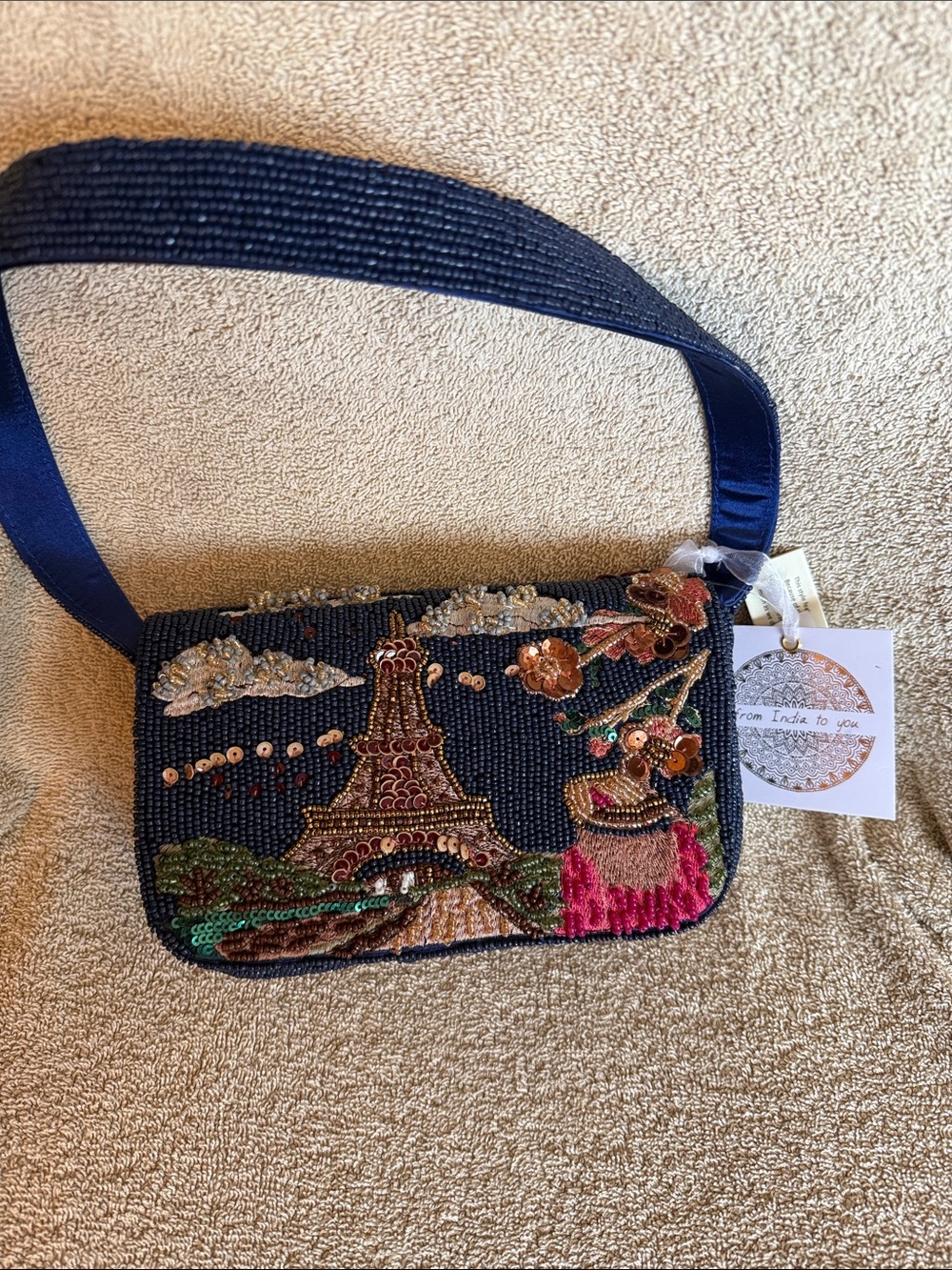 Viral Navy Beaded Shoulder Bag with Paris Motif